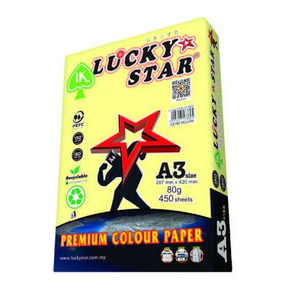 LUCKYSTAR CS160 A3 80GM COLOUR PAPER 450'S - YELLOW #