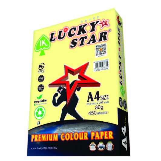 LUCKYSTAR CS160 A4 80GM COLOUR PAPER 450'S - YELLOW #