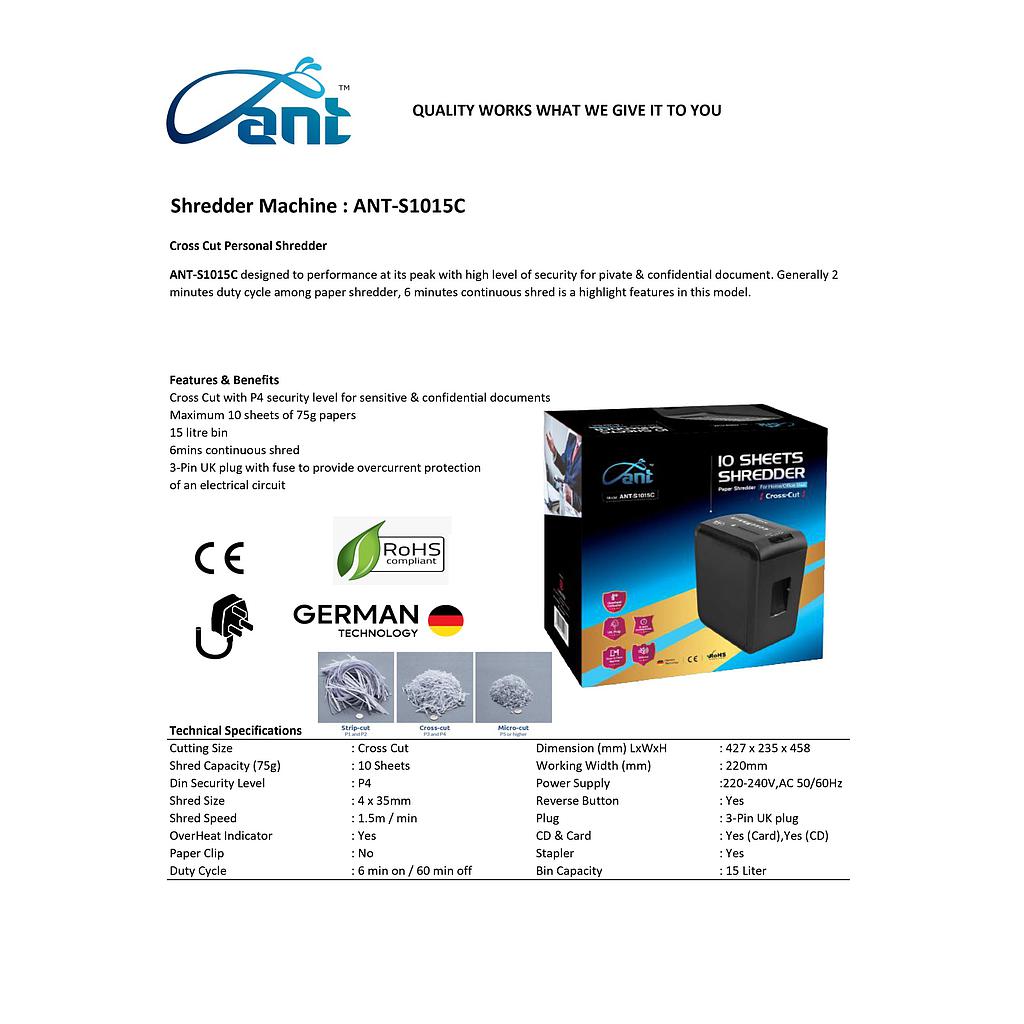 ANT S1015C CROSS CUT PAPER SHREDDER